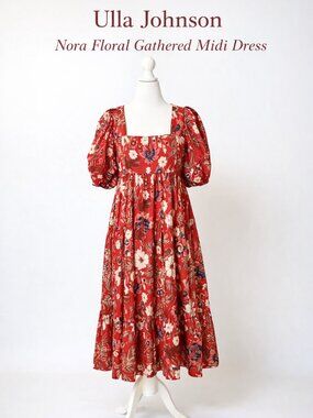 Ulla Johnson Nora Midi Dress Red Floral Puff Sleeve Boho Cottagecore Size 12